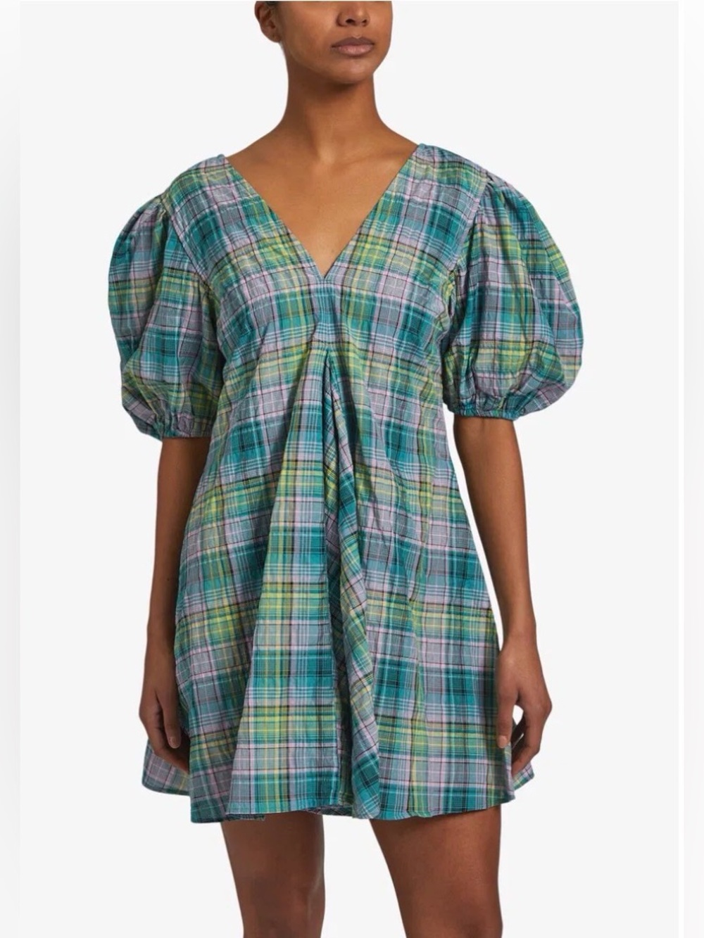 GANNI Lagoon Seersucker Check V-Neck Puff Sleeve Mini Dress Size 38 US 6